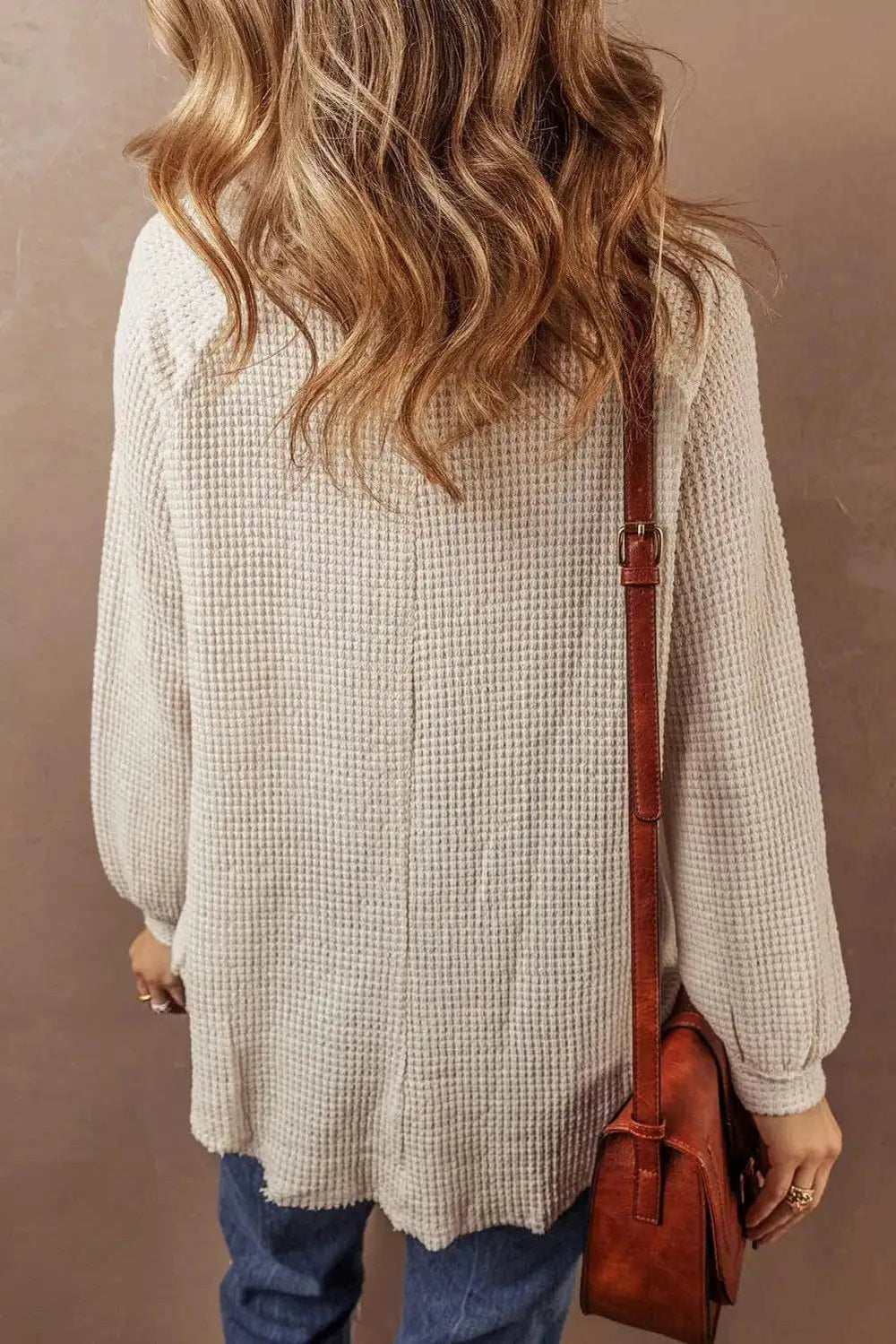 Waffle-Knit Half Button Round Neck Long Sleeve Top - Trendsi - Flyclothing LLC