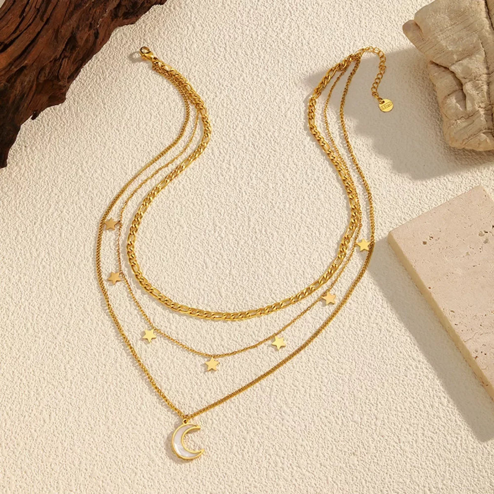 18K Gold-Plated Moon Three-Layered Necklace - Trendsi - Flyclothing LLC