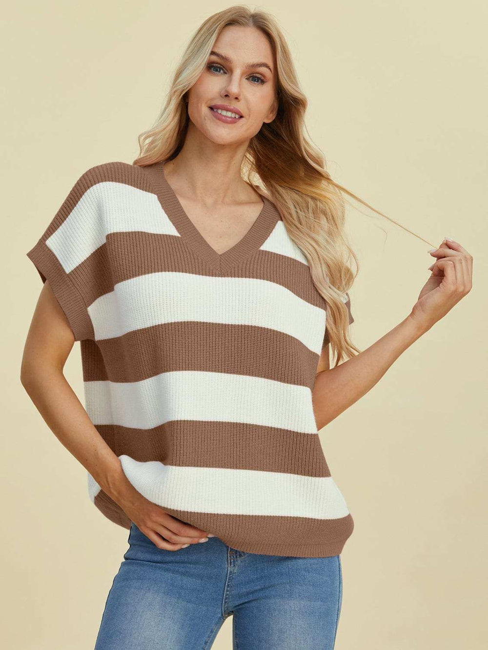 Double Take Full Size Striped V-Neck Short Sleeve Sweater - Trendsi - Flyclothing LLC