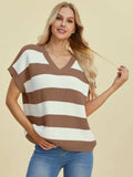 Double Take Full Size Striped V-Neck Short Sleeve Sweater - Trendsi - Flyclothing LLC