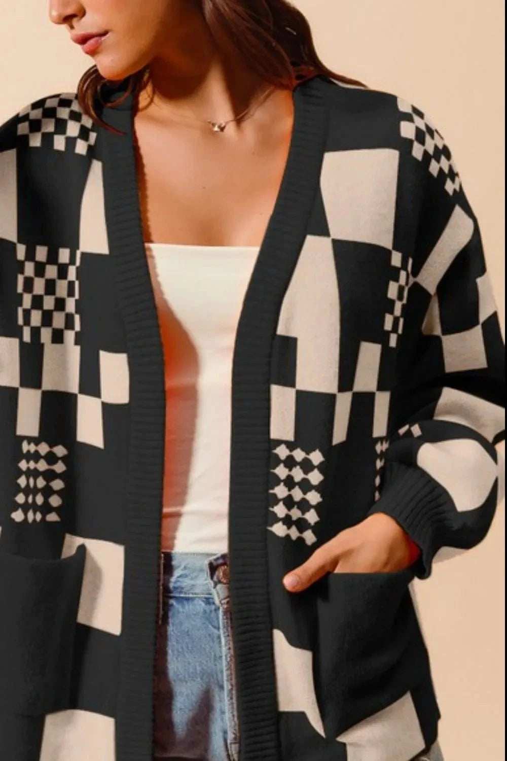 SO ME Checkered Open Front Cardigan with Pockets - Trendsi - Flyclothing LLC