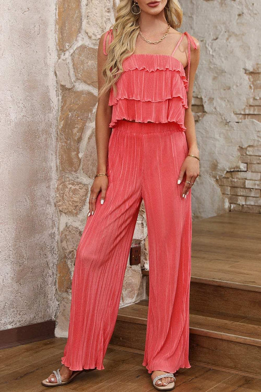Layered Tie Shoulder Top and Wide Leg Pants Set - Trendsi - Flyclothing LLC