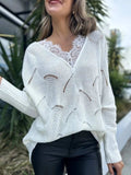 Lace Detail Openwork V-Neck Long Sleeve Sweater - Trendsi - Flyclothing LLC