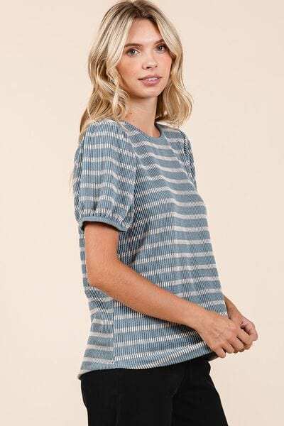 Mittoshop Contrast Striped Short Puff Sleeve Knit Top - Trendsi - Flyclothing LLC