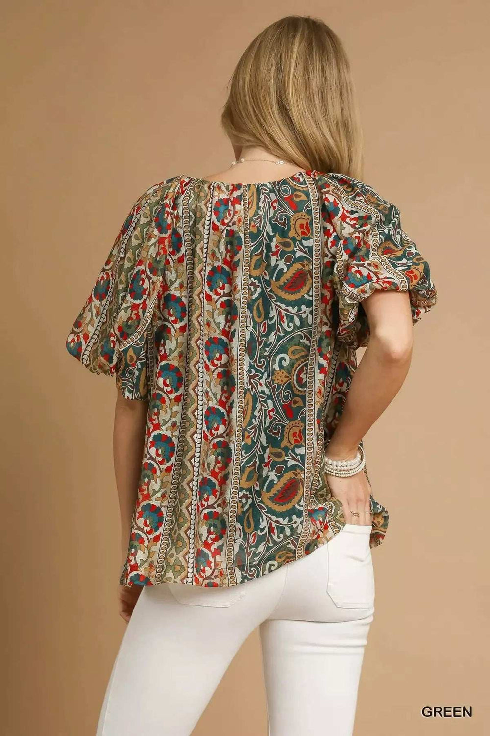 Umgee Boho Floral Stripe Puff Sleeve Blouse - Trendsi - Flyclothing LLC