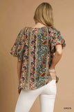 Umgee Boho Floral Stripe Puff Sleeve Blouse - Trendsi - Flyclothing LLC