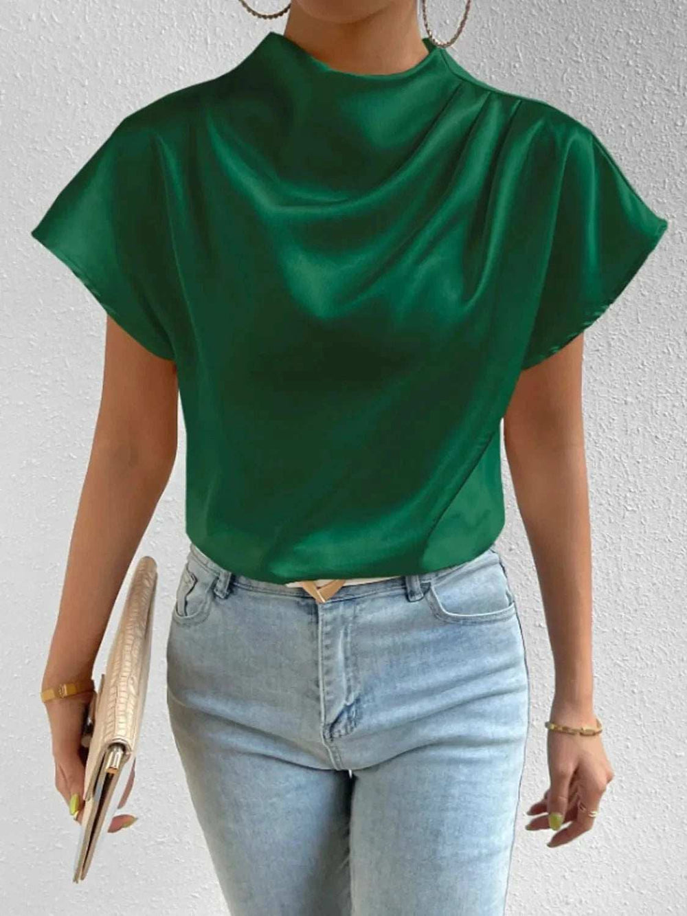 Mock Neck Short Sleeve Blouse - Trendsi - Flyclothing LLC