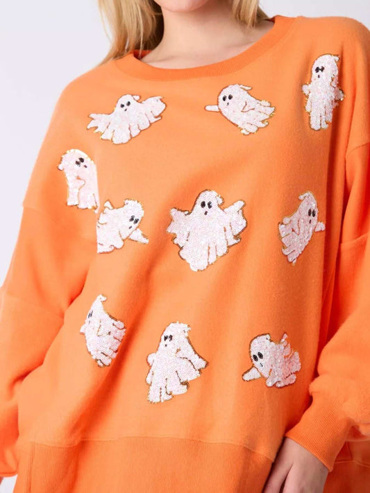 Halloween Sequin Ghost Oversized Sweatshirt - Trendsi - Flyclothing LLC