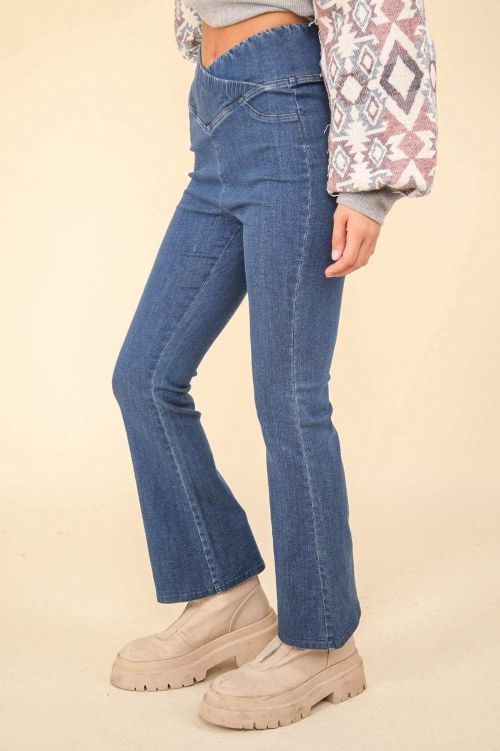 VERY J Washed Denim Stretchy Crossover Waist Leggings - Trendsi - Flyclothing LLC