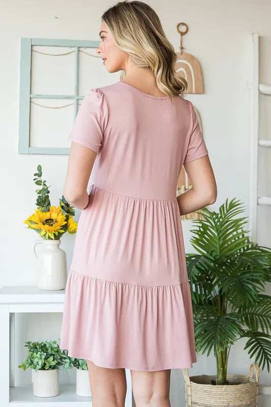 Heimish Full Size Solid Mini Tiered Dress with Pompom Lace Plus Size - Trendsi - Flyclothing LLC