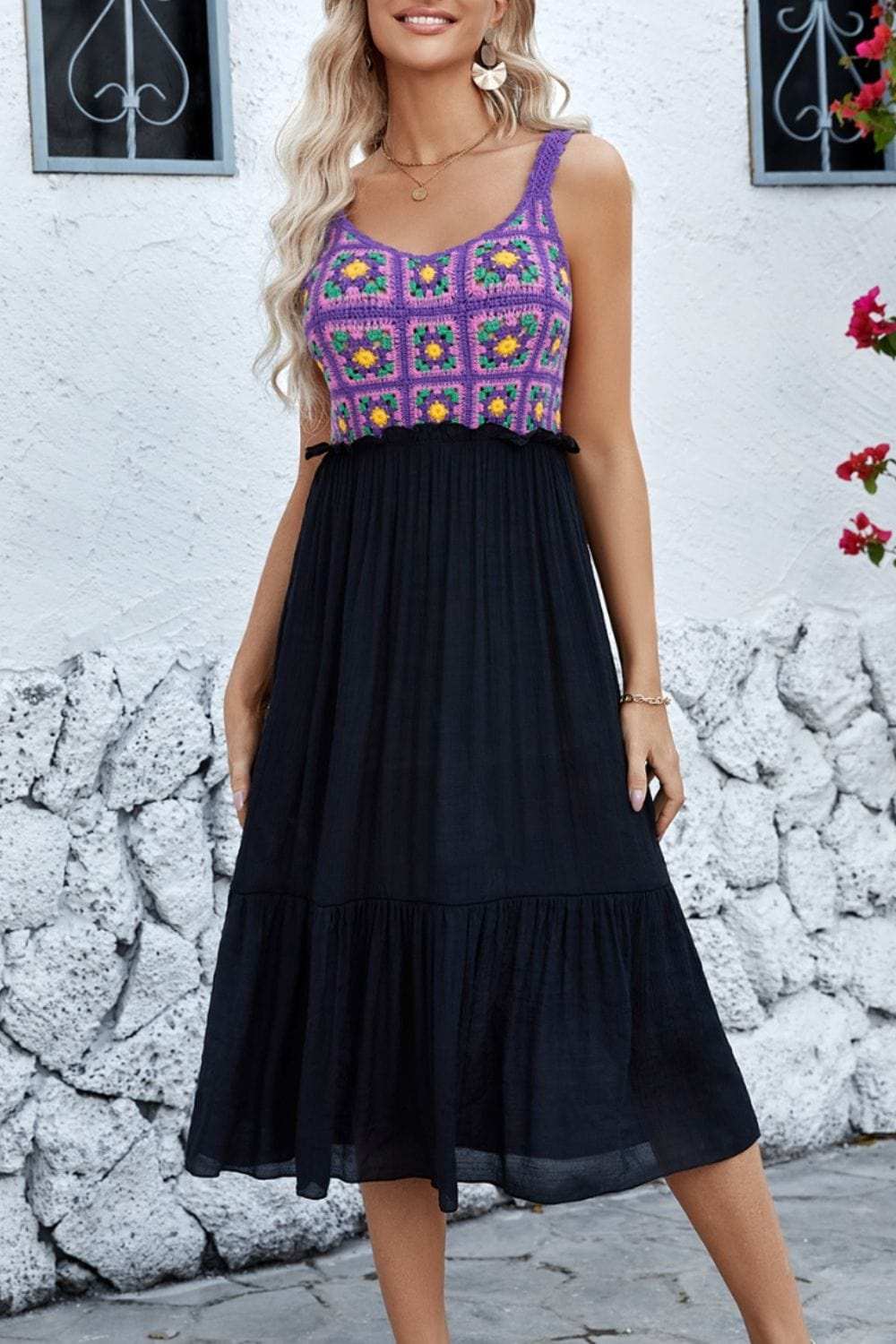 Openwork Wide Strap Midi Dress - Trendsi - Flyclothing LLC