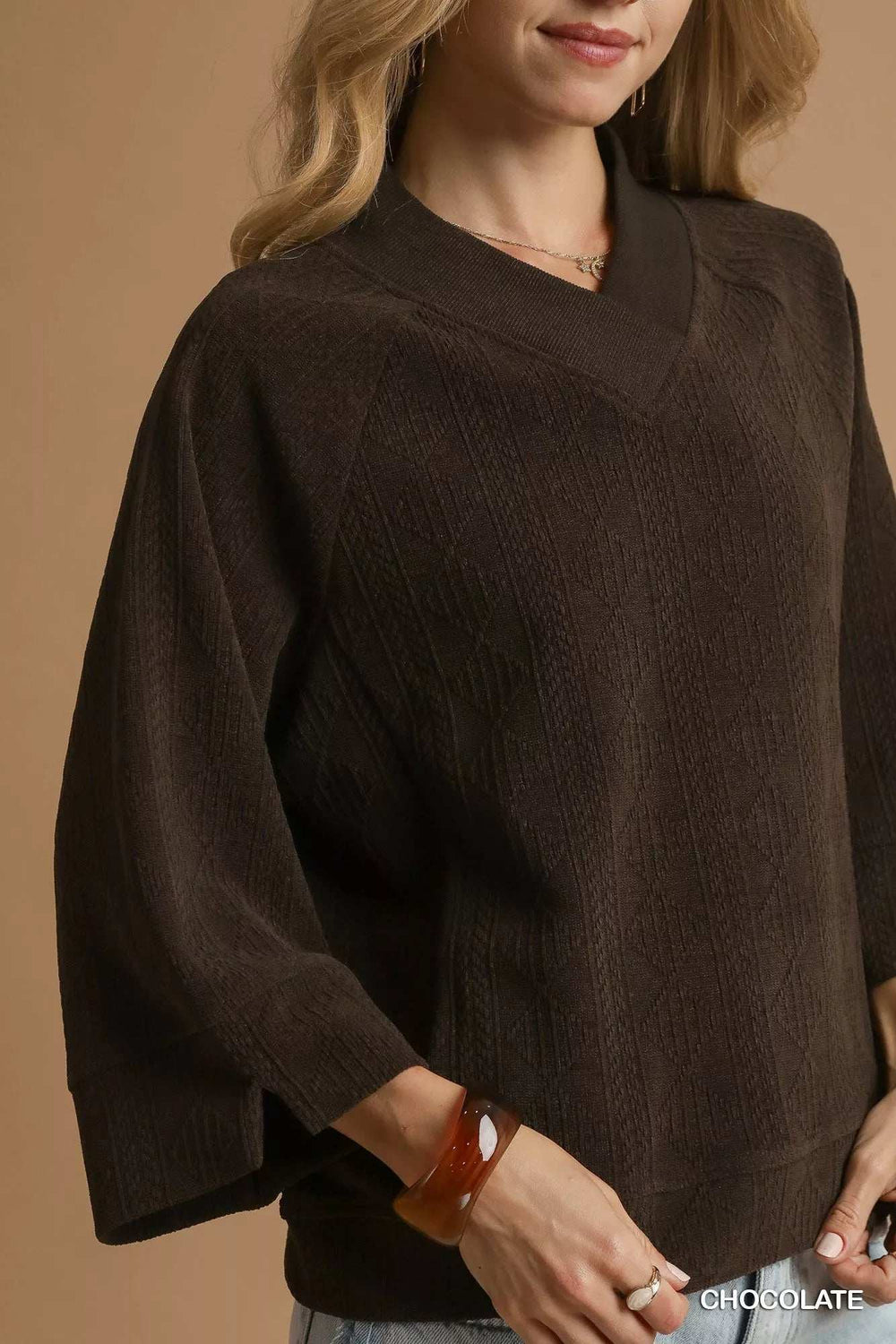 Umgee Textured Knit V-Neck Top - Trendsi - Flyclothing LLC