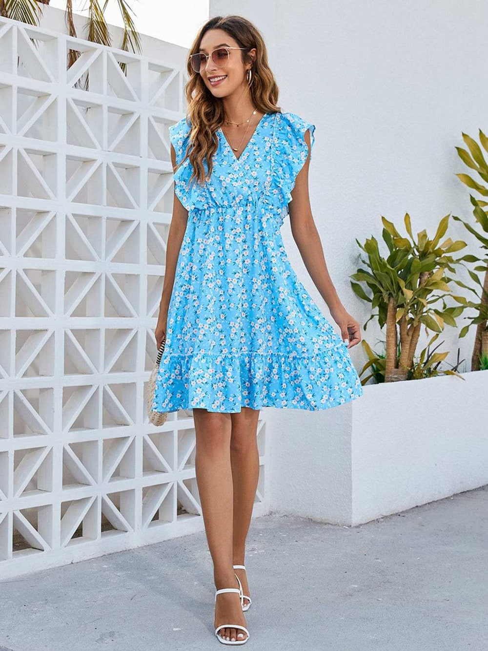 Ruffled Ditsy Floral Surplice Mini Dress - Trendsi - Flyclothing LLC