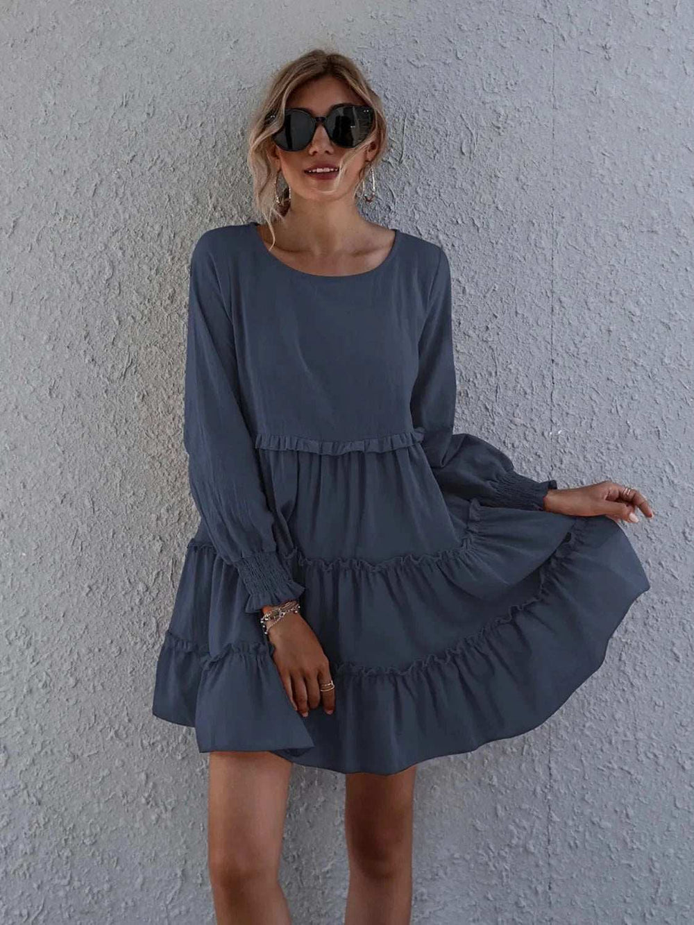 Frill Tiered Long Sleeve Mini Dress - Trendsi - Flyclothing LLC