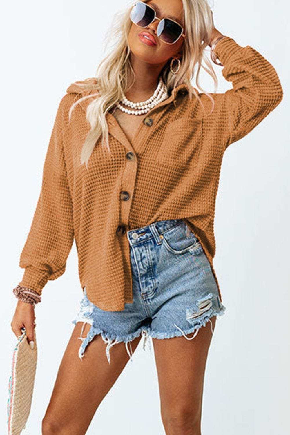 Waffle-Knit Collared Neck Long Sleeve Shirt - Trendsi - Flyclothing LLC