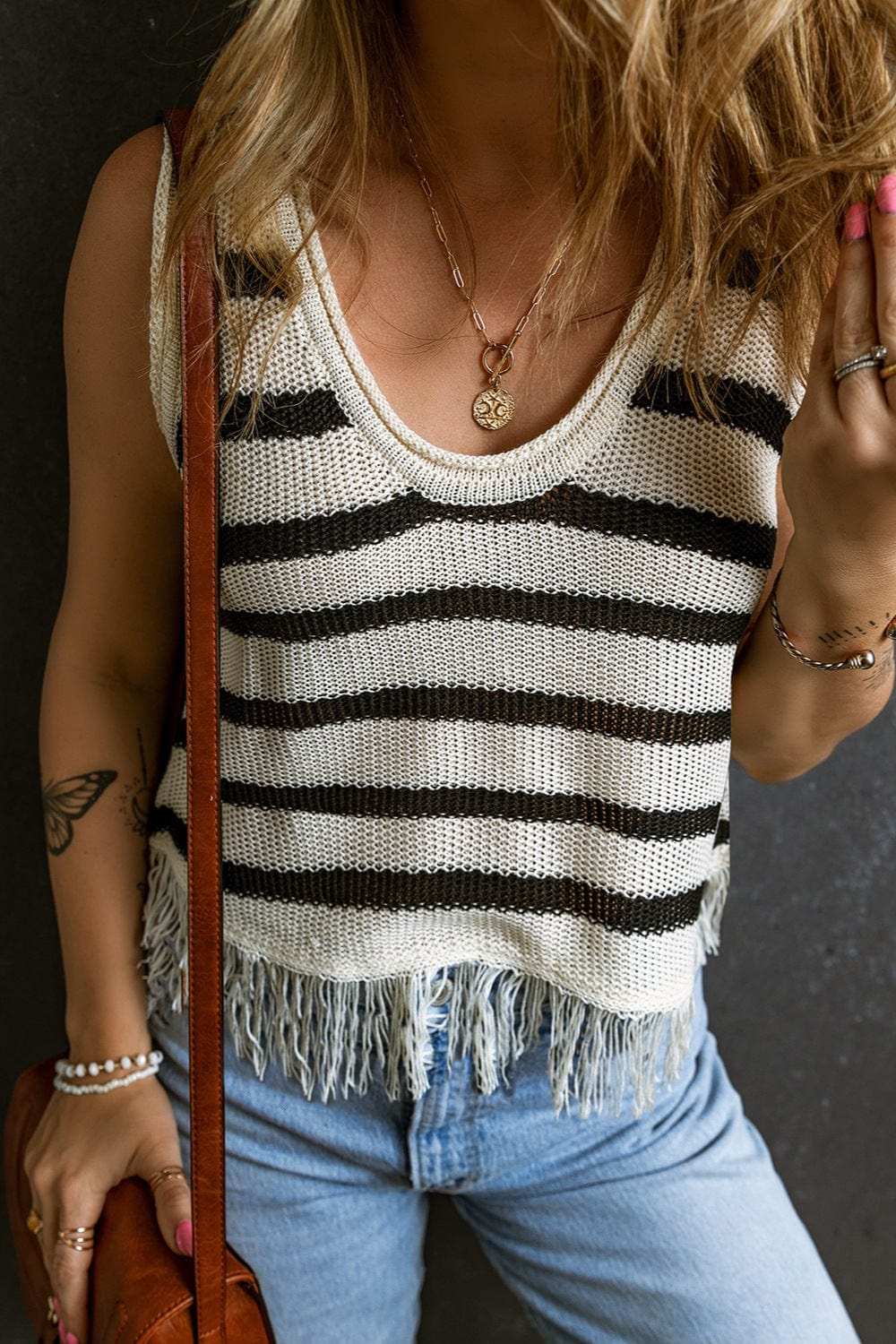 Fringe Striped Scoop Neck Tank - Trendsi - Flyclothing LLC