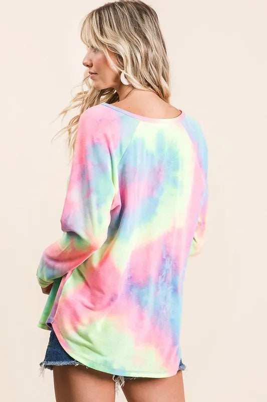 BiBi Long Sleeve Tie-Dye Terry T-Shirt - Trendsi - Flyclothing LLC