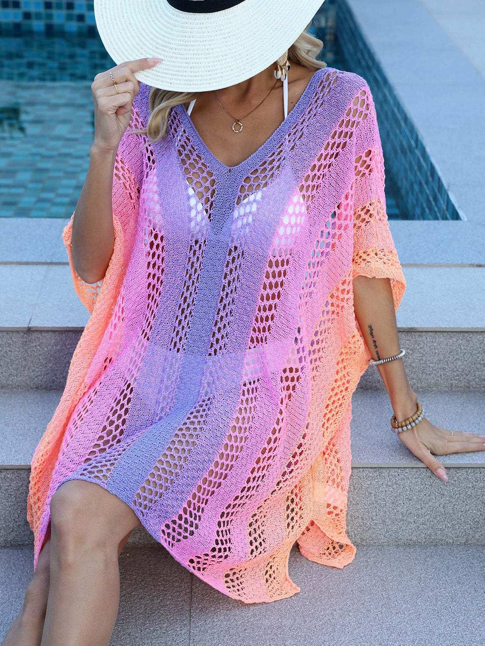 Openwork Contrast V-Neck Cover-Up - Trendsi - Flyclothing LLC