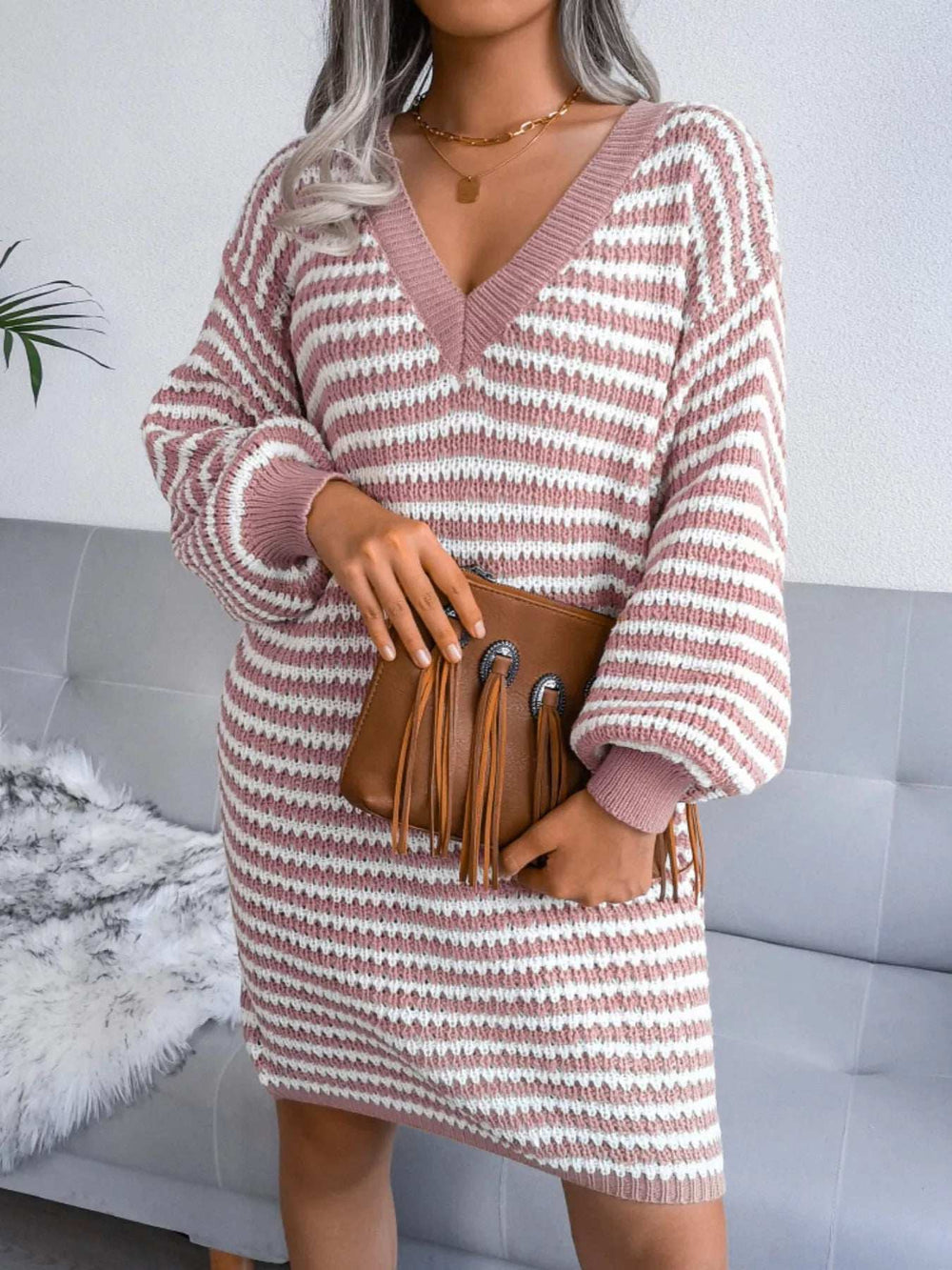 Striped V-Neck Long Sleeve Sweater Dress - Trendsi - Flyclothing LLC