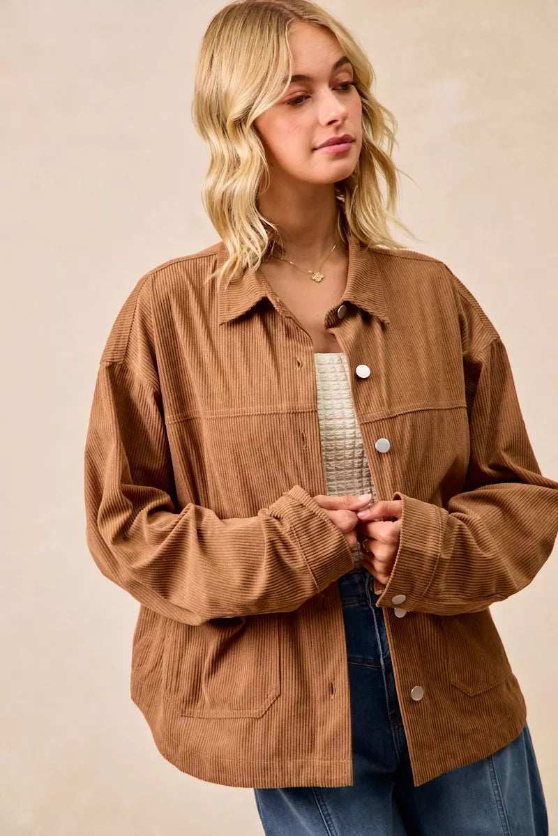 BiBi Corduroy Relaxed Fit Shacket with Back Pleat - Trendsi - Flyclothing LLC