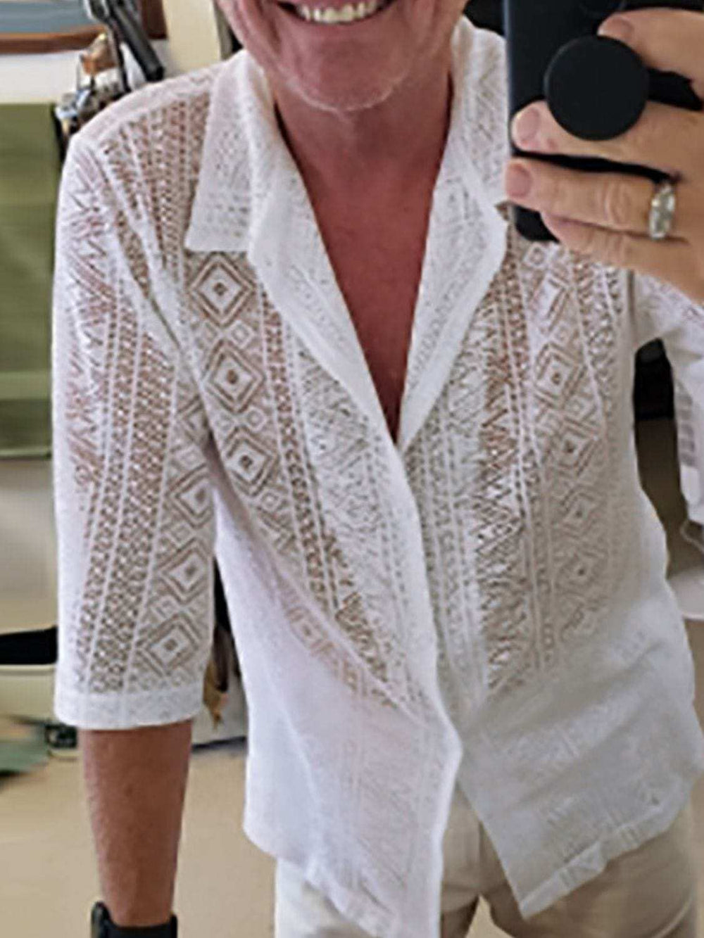 Men's Full Size Lace Half Sleeve Button Down Shirt Plus Size - Trendsi - Flyclothing LLC