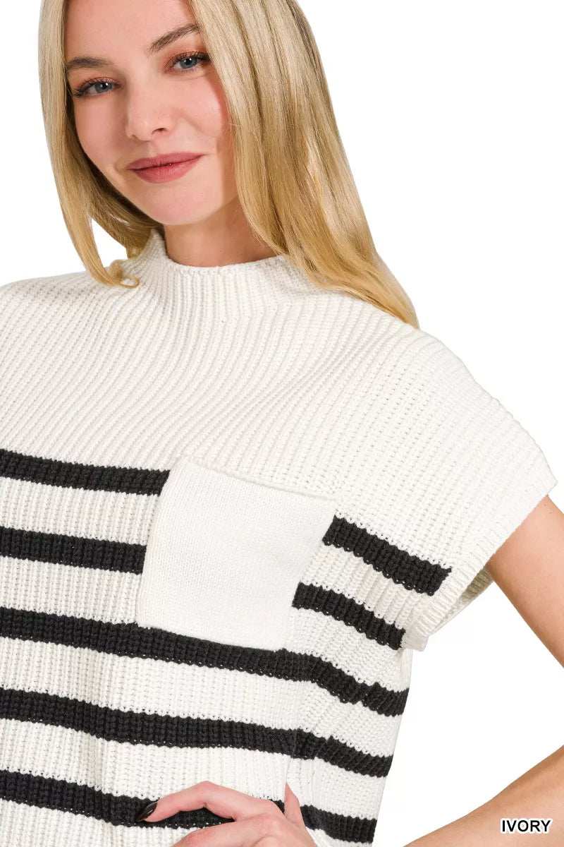 Zenana Short Sleeve Stripe Sweater - Trendsi - Flyclothing LLC