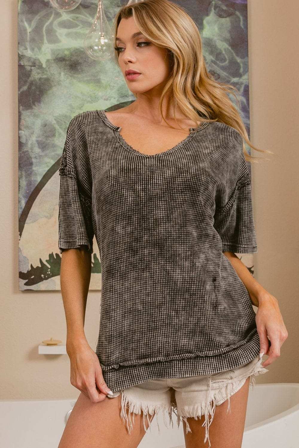 BiBi Washed Notched Short Sleeve Top - Trendsi - Flyclothing LLC