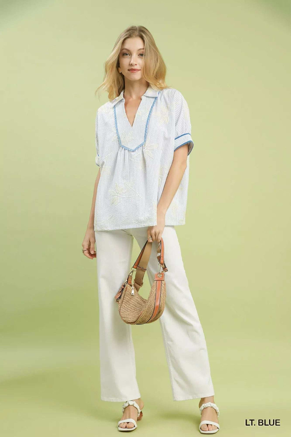 Umgee Striped Embroidered Blouse with Scallop Trim - Trendsi - Flyclothing LLC