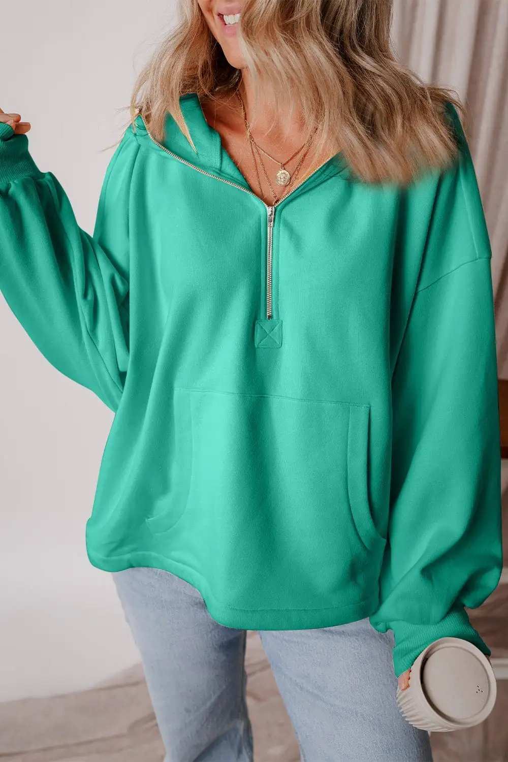 Pocketed Half Zip Dropped Shoulder Hoodie - Trendsi - Flyclothing LLC