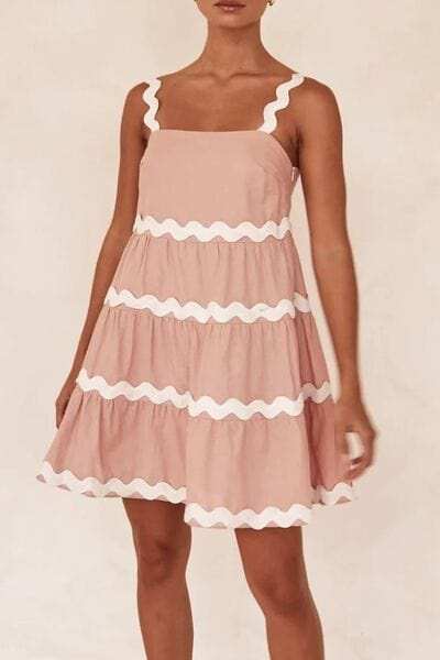 Contrast Trim Square Neck Tiered Dress - Trendsi - Flyclothing LLC