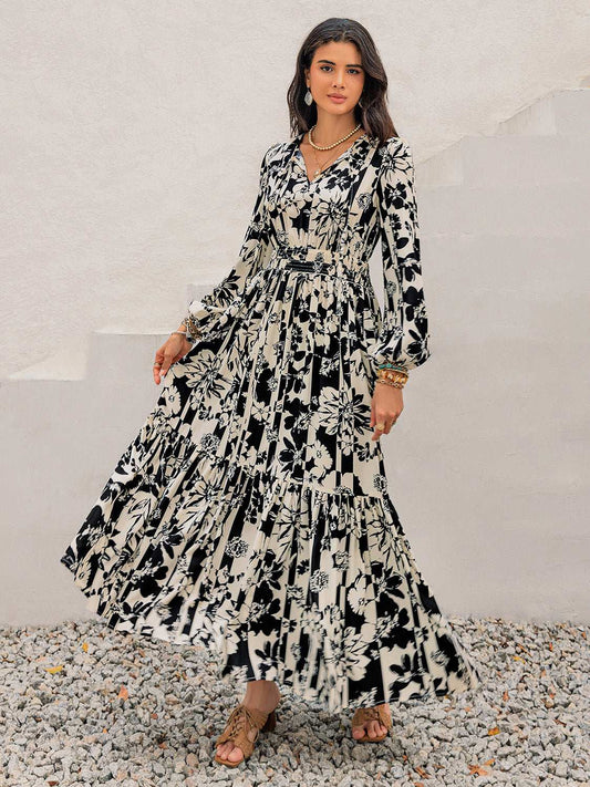 Smocked Printed Tie Neck Long Sleeve Dress - Trendsi - Flyclothing LLC
