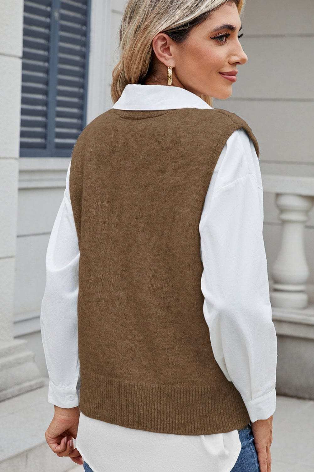 Button Down V-Neck Sweater Vest - Trendsi - Flyclothing LLC