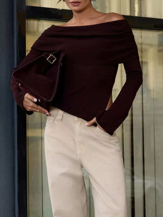 Asymmetrical Hem Off-Shoulder Long Sleeve Knit Top - Trendsi - Flyclothing LLC