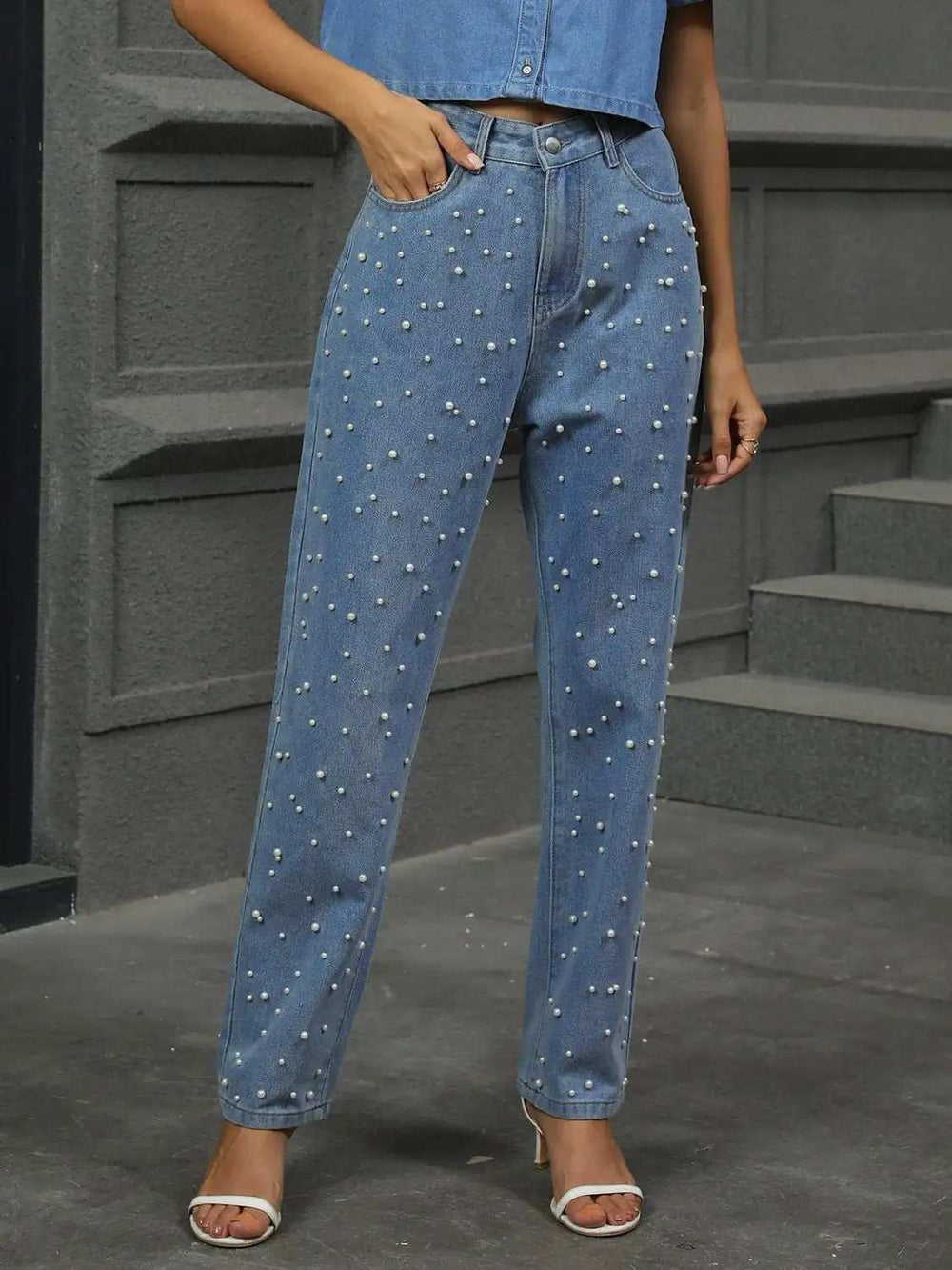 Pearl Detail Straight Jeans with Pockets - Trendsi - Flyclothing LLC