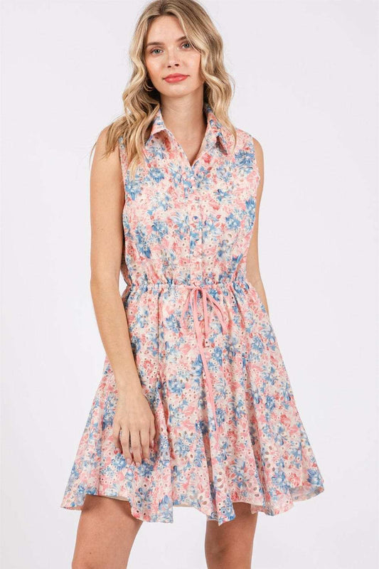 GeeGee Full Size Floral Eyelet Sleeveless Mini Dress - Trendsi - Flyclothing LLC