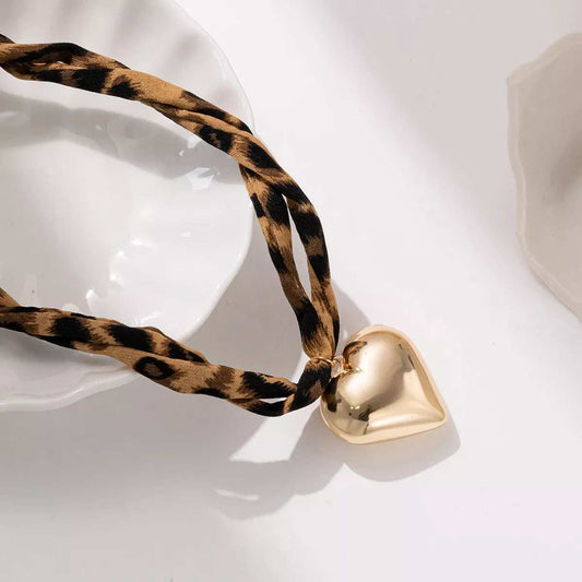 Leopard Print Choker with Golden Heart Pendant Necklace - Trendsi - Flyclothing LLC