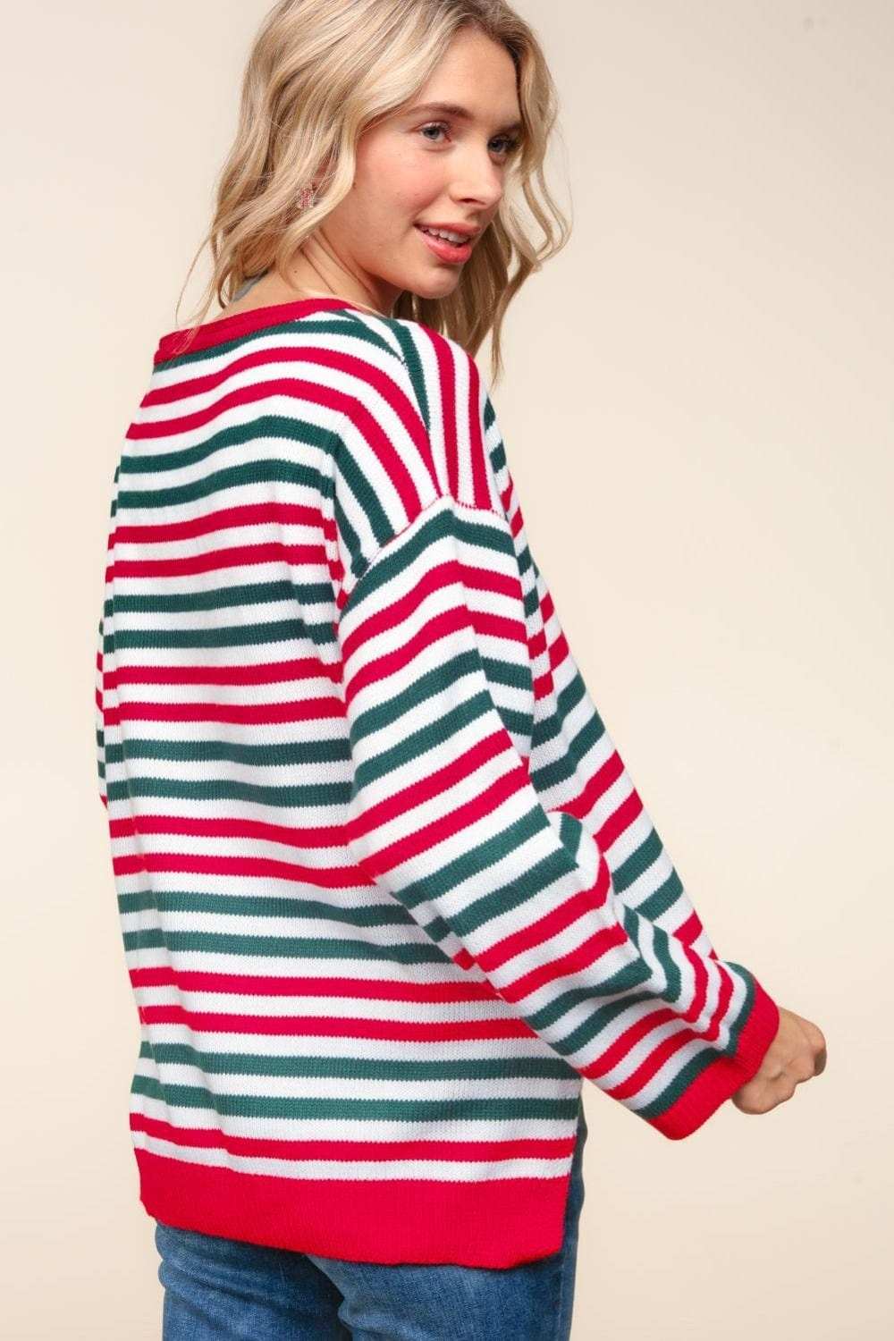 Haptics Full Size Striped Contrast Side Slit Knit Top - Trendsi - Flyclothing LLC