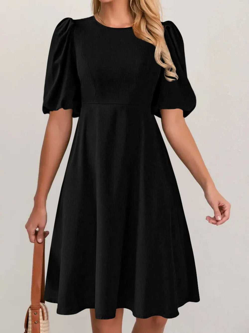 Round Neck Puff Sleeve A-Line Dress - Trendsi - Flyclothing LLC