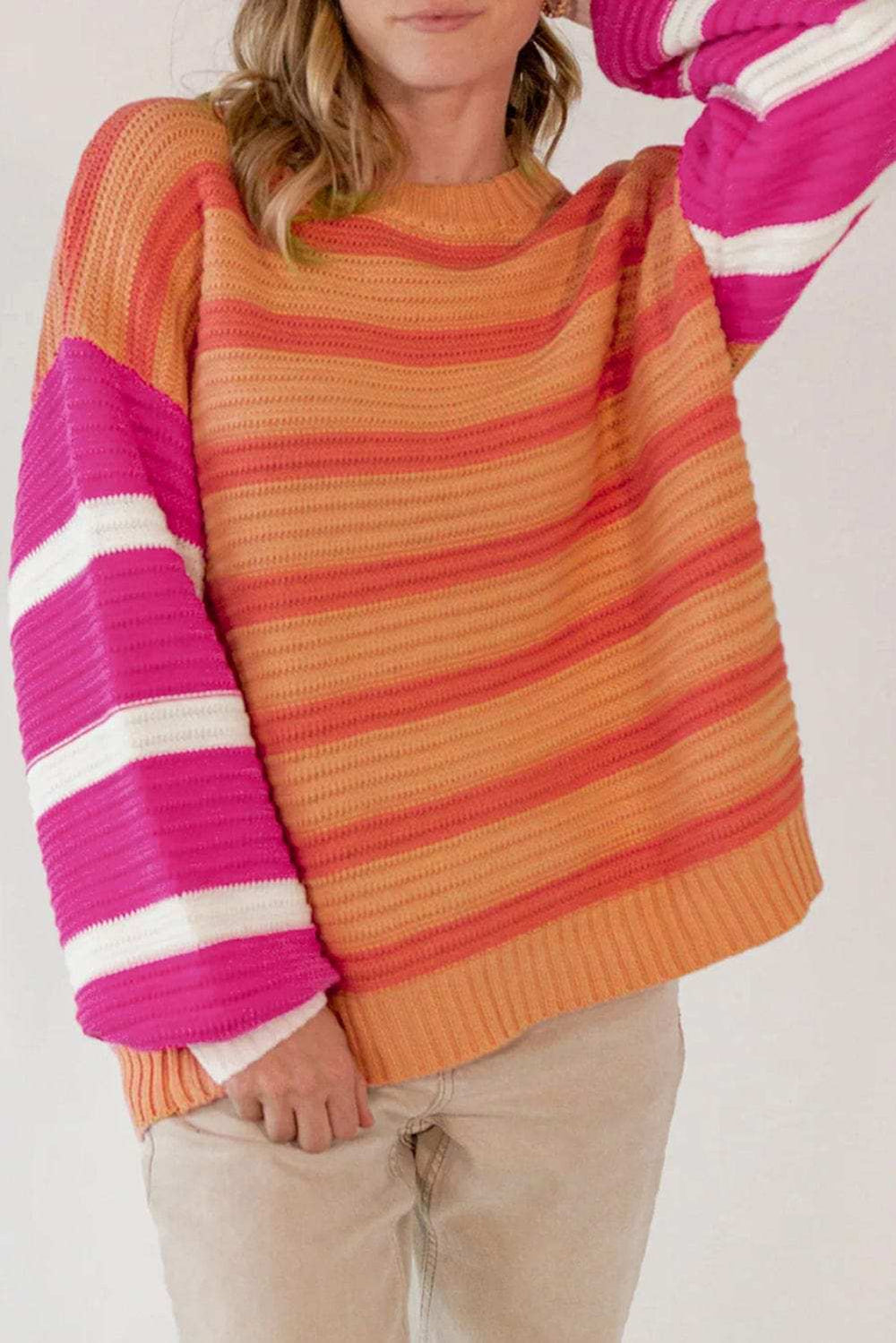Striped Round Neck Long Sleeve Sweater - Trendsi - Flyclothing LLC