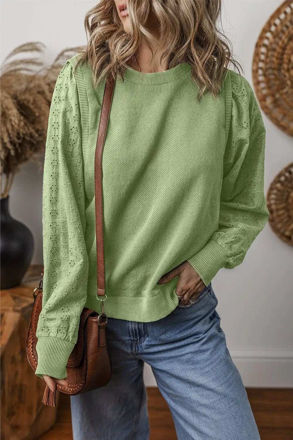 Eyelet Round Neck Long Sleeve Sweatshirt - Trendsi - Flyclothing LLC