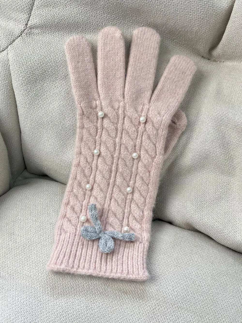 Thermal Pearl Detail Bow Five-Finger Gloves - Trendsi - Flyclothing LLC