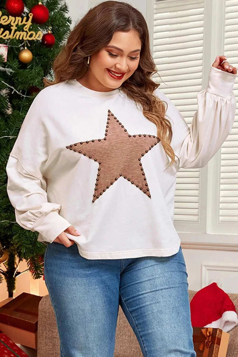 Plus Size Studded Star Round Neck Long Sleeve Blouse - Trendsi - Flyclothing LLC
