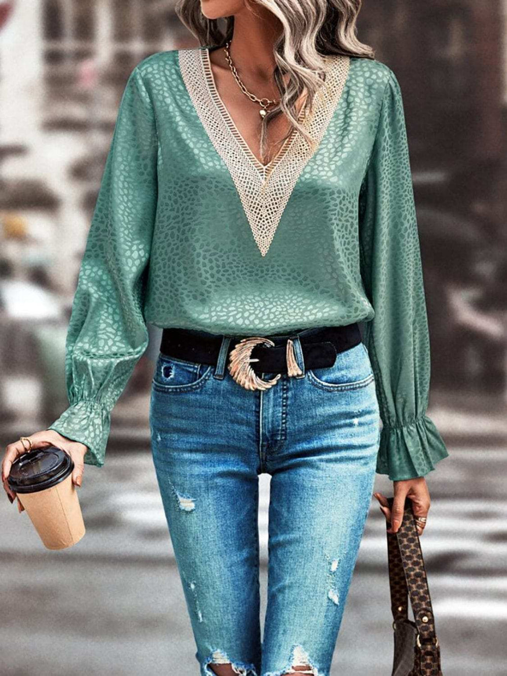 V-Neck Flounce Sleeve Blouse - Trendsi - Flyclothing LLC