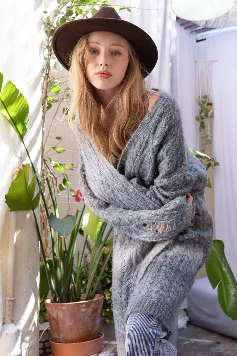 POL Distressed Cable-Knit Ombre Dying Cardigan - Trendsi - Flyclothing LLC