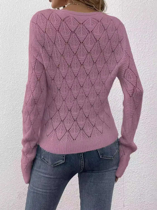 Openwork V-Neck Long Sleeve Sweater - Trendsi - Flyclothing LLC