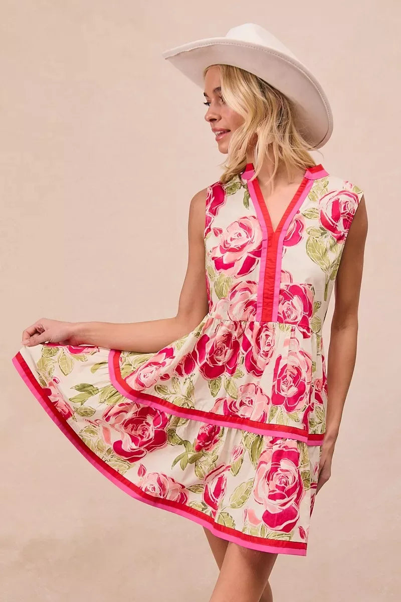 BiBi Floral Woven Contrast Edge Tiered Ruffle Mini Dress - Trendsi - Flyclothing LLC