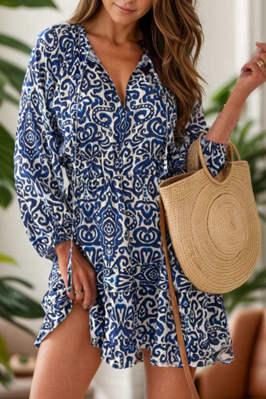 Printed Tie Neck Long Sleeve Dress - Trendsi - Flyclothing LLC