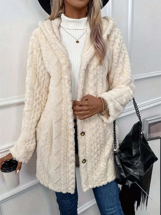Fuzzy Button Down Hooded Coat - Trendsi - Flyclothing LLC
