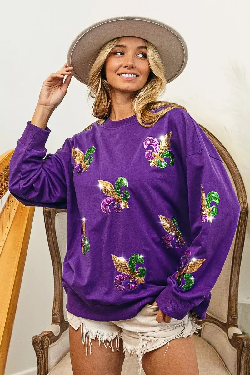 BiBi Fleur De Lis Sequin Patches Mardi Gras Sweatshirt - Trendsi - Flyclothing LLC
