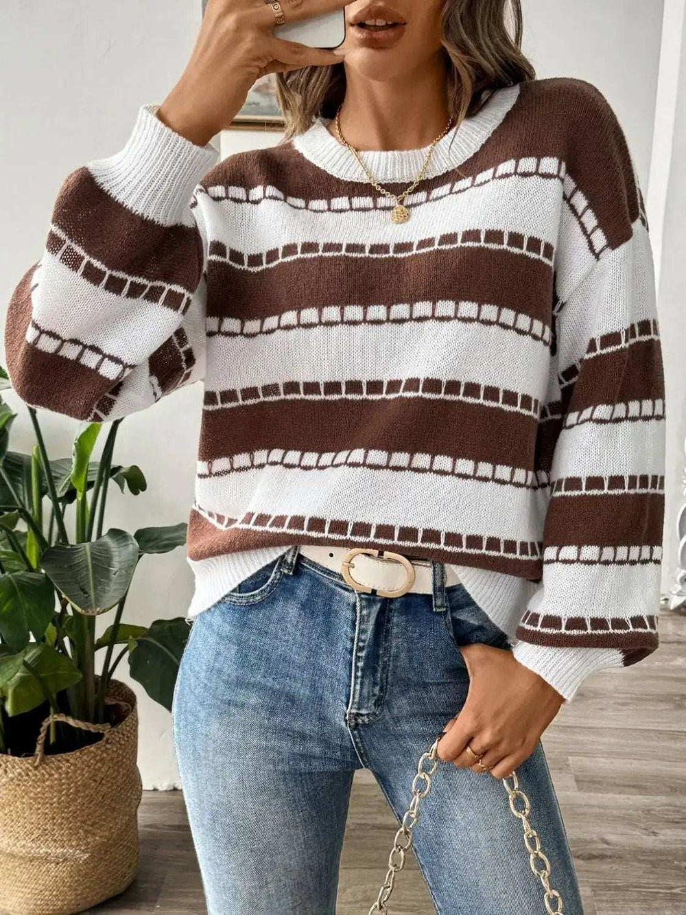 Striped Round Neck Long Sleeve Sweater - Trendsi - Flyclothing LLC